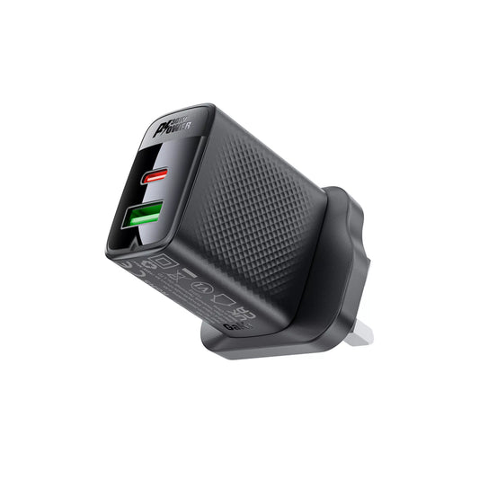 Acefast - 30W GaN USB-C Power Delivery & USB Qualcomm 3-Pin UK Charging Plug - Black