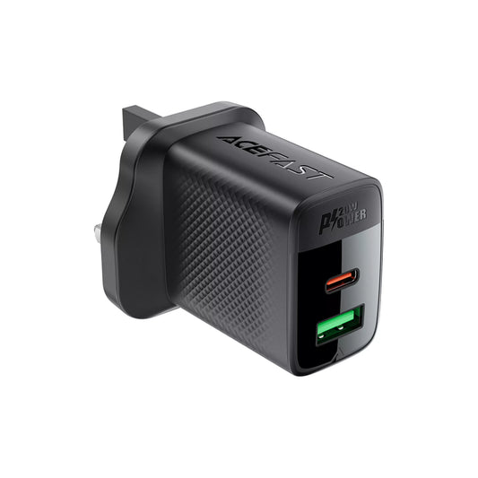Acefast - 20W GaN USB-C Power Delivery & USB Qualcomm 3-Pin UK Charging Plug - Black