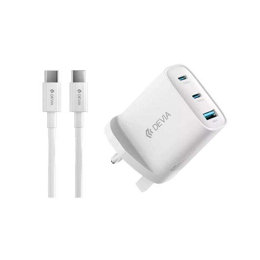 Devia - 65W GaN USB-C PD & QC4.0 3-Pin UK Mini Charging Plug & 1.5m 100W USB-C to USB-C Cable - White