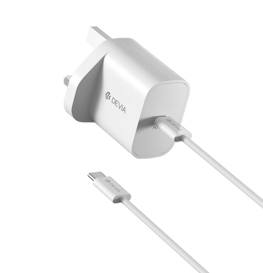 Devia - 30W GaN USB-C 3-Pin UK Charging Plug & 1.2m USB-C to USB-C Cable - White