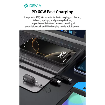 Devia - 0.2m (60W) Keychain Lanyard Woven Braided Charger Cable - USB-C to USB-C Cable - Black