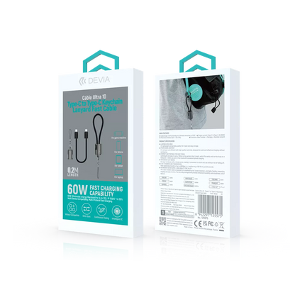 Devia - 0.2m (60W) Keychain Lanyard Woven Braided Charger Cable - USB-C to USB-C Cable - Black