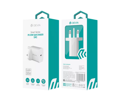 Devia - 30W GaN USB-C Power Delivery 3-Pin UK Charging Plug - White