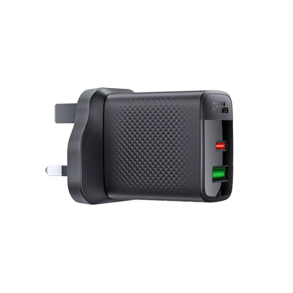 Acefast - 30W GaN USB-C Power Delivery & USB Qualcomm 3-Pin UK Charging Plug - Black
