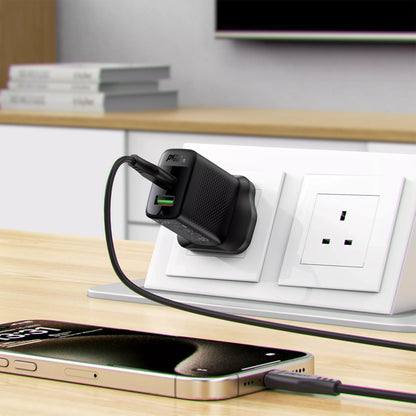 Acefast - 30W GaN USB-C Power Delivery & USB Qualcomm 3-Pin UK Charging Plug - Black