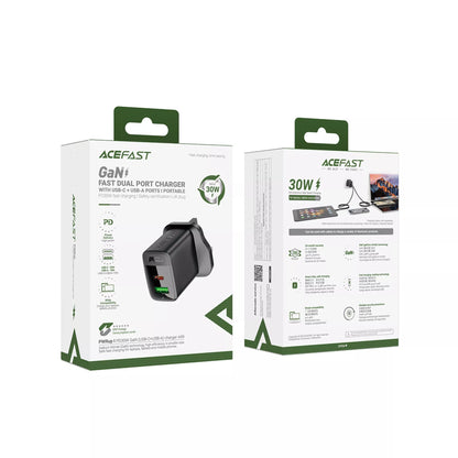 Acefast - 30W GaN USB-C Power Delivery & USB Qualcomm 3-Pin UK Charging Plug - Black