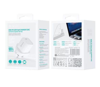 Devia - 33W GaN Mini USB-C Power Delivery 3-Pin UK Charging Plug - White