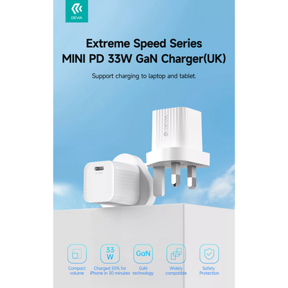 Devia - 33W GaN Mini USB-C Power Delivery 3-Pin UK Charging Plug - White
