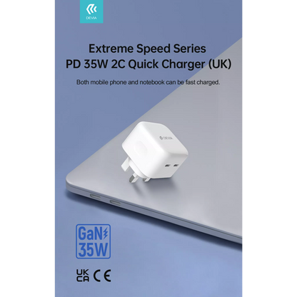 Devia - 35W GaN Dual USB-C Power Delivery 3-Pin UK Charging Plug - White