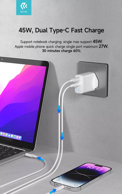 Devia - 45W GaN Dual USB-C Power Delivery 3-Pin UK Charging Plug - White