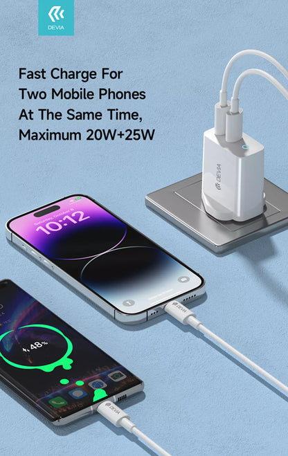 Devia - 45W GaN Dual USB-C Power Delivery 3-Pin UK Charging Plug - White