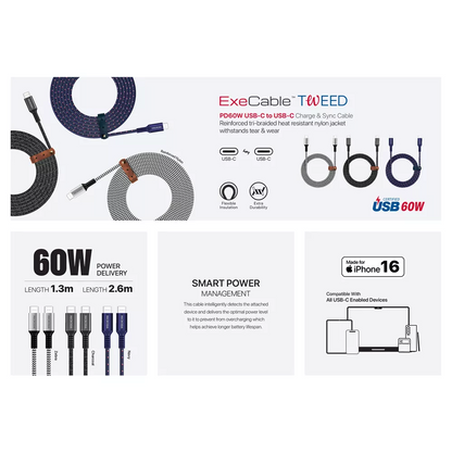 Microdia - Tweed - 1.3m - 60W USB-C to USB-C Cable - Charcoal