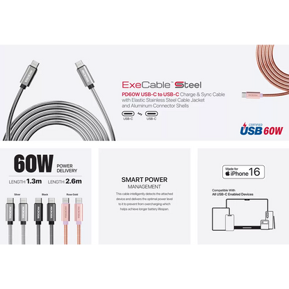 Microdia - ExeCable Steel - 1.3m - 60W USB-C to USB-C Cable
