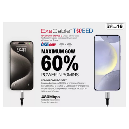 Microdia - Tweed - 1.3m - 60W USB-C to USB-C Cable - Charcoal