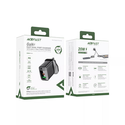 Acefast - 20W GaN USB-C Power Delivery & USB Qualcomm 3-Pin UK Charging Plug - Black
