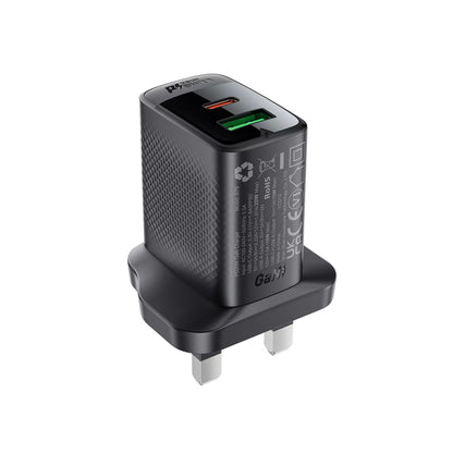 Acefast - 20W GaN USB-C Power Delivery & USB Qualcomm 3-Pin UK Charging Plug - Black