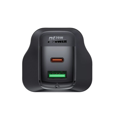 Acefast - 20W GaN USB-C Power Delivery & USB Qualcomm 3-Pin UK Charging Plug - Black