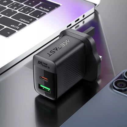 Acefast - 20W GaN USB-C Power Delivery & USB Qualcomm 3-Pin UK Charging Plug - Black