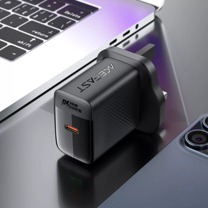 Acefast - 20W GaN USB-C Power Delivery 3-Pin UK Charging Plug - Black