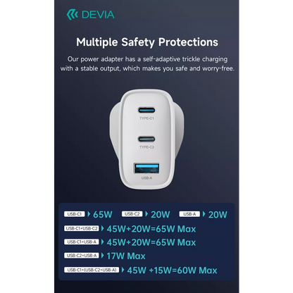 Devia - 65W GaN USB-C PD & QC4.0 3-Pin UK Mini Charging Plug - White
