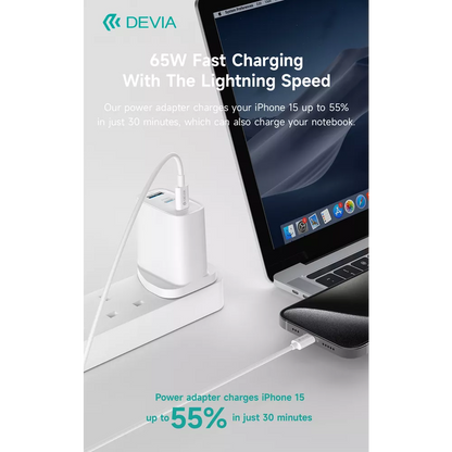 Devia - 65W GaN USB-C PD & QC4.0 3-Pin UK Mini Charging Plug - White