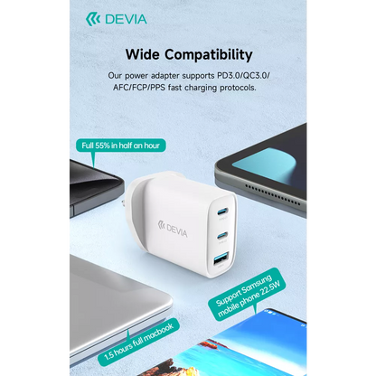 Devia - 65W GaN USB-C PD & QC4.0 3-Pin UK Mini Charging Plug - White