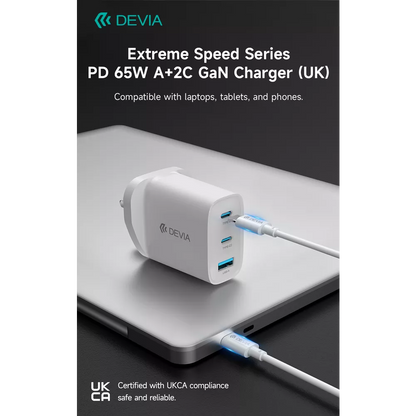 Devia - 65W GaN USB-C PD & QC4.0 3-Pin UK Mini Charging Plug - White