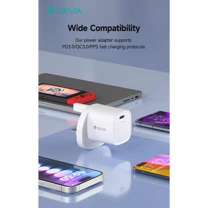 Devia - 30W Mini GaN USB-C Power Delivery 3-Pin UK Charging Plug - White