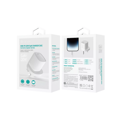 Devia - 30W Mini GaN USB-C Power Delivery 3-Pin UK Charging Plug - White