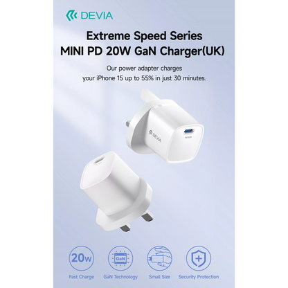 Devia - 20W GaN Mini USB-C Power Delivery 3-Pin UK Charging Plug - White
