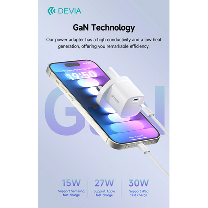 Devia - 30W Mini GaN USB-C Power Delivery 3-Pin UK Charging Plug - White
