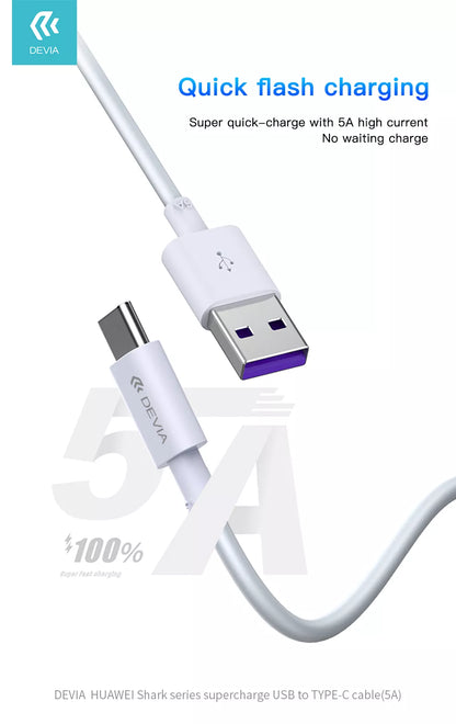 Devia Charging Cable - 1.5m (5A) USB-A to USB-C Cable - White