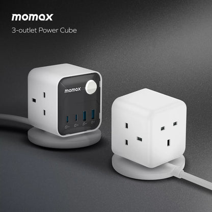 MOMAX - 1-Charge Work Flow - 3-Outlet GaN Power Cube 30W Extension Plug Socket Power Strip - 2x USB-C & 2x USB - White