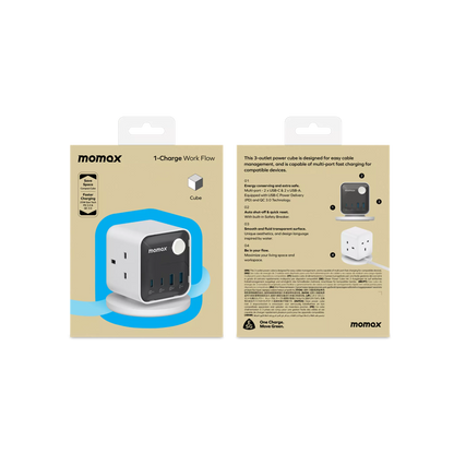 MOMAX - 1-Charge Work Flow - 3-Outlet GaN Power Cube 30W Extension Plug Socket Power Strip - 2x USB-C & 2x USB - White