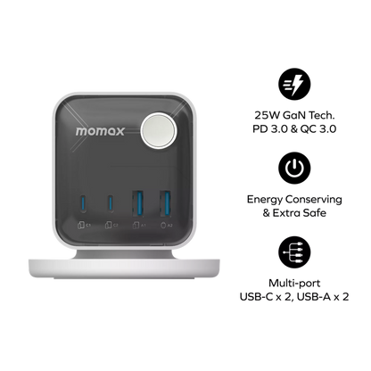 MOMAX - 1-Charge Work Flow - 3-Outlet GaN Power Cube 30W Extension Plug Socket Power Strip - 2x USB-C & 2x USB - White