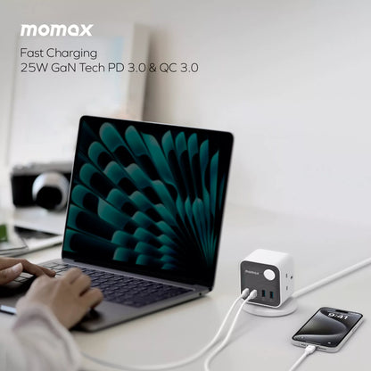 MOMAX - 1-Charge Work Flow - 3-Outlet GaN Power Cube 30W Extension Plug Socket Power Strip - 2x USB-C & 2x USB - White