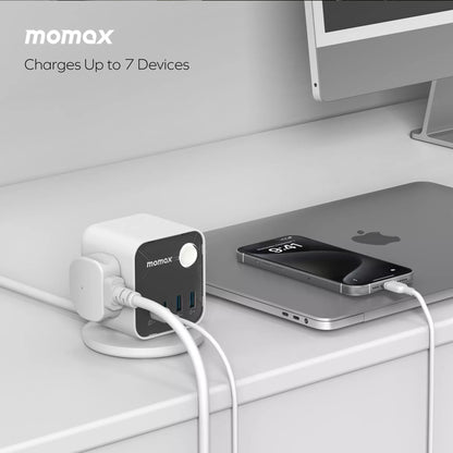 MOMAX - 1-Charge Work Flow - 3-Outlet GaN Power Cube 30W Extension Plug Socket Power Strip - 2x USB-C & 2x USB - White