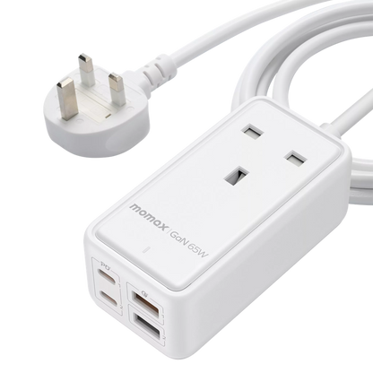 MOMAX - OnePlug - 65W GaN Extension Plug Socket Power Strip - 2x USB-C & 2x USB - White