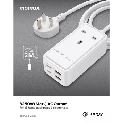 MOMAX - OnePlug - 65W GaN Extension Plug Socket Power Strip - 2x USB-C & 2x USB - White