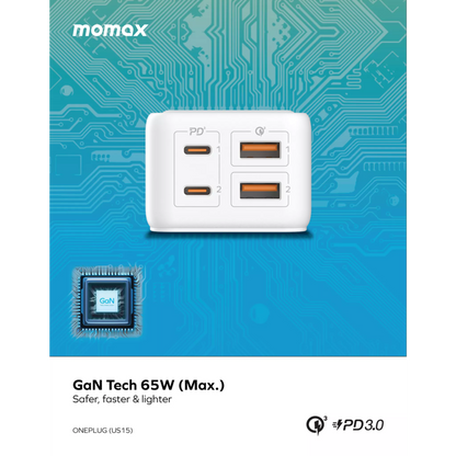 MOMAX - OnePlug - 65W GaN Extension Plug Socket Power Strip - 2x USB-C & 2x USB - White