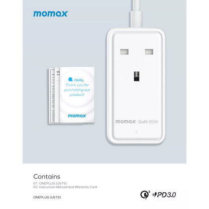 MOMAX - OnePlug - 65W GaN Extension Plug Socket Power Strip - 2x USB-C & 2x USB - White