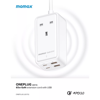 MOMAX - OnePlug - 65W GaN Extension Plug Socket Power Strip - 2x USB-C & 2x USB - White