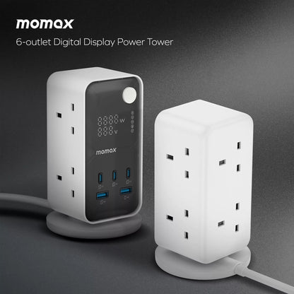 MOMAX - 1-Charge Work Flow - 6-Outlet GaN Power Tower 35W Extension Plug Socket Power Strip - 3x USB-C & 2x USB - White