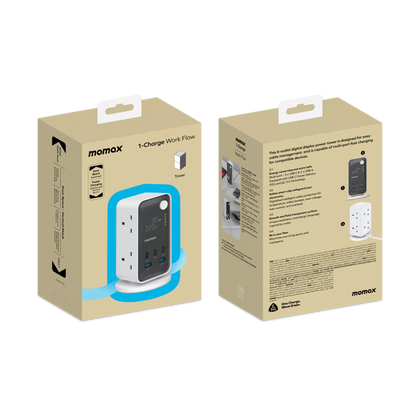MOMAX - 1-Charge Work Flow - 6-Outlet GaN Power Tower 35W Extension Plug Socket Power Strip - 3x USB-C & 2x USB - White