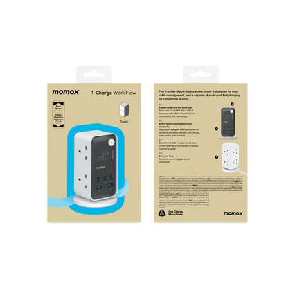 MOMAX - 1-Charge Work Flow - 6-Outlet GaN Power Tower 35W Extension Plug Socket Power Strip - 3x USB-C & 2x USB - White