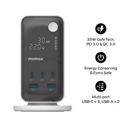 MOMAX - 1-Charge Work Flow - 6-Outlet GaN Power Tower 35W Extension Plug Socket Power Strip - 3x USB-C & 2x USB - White