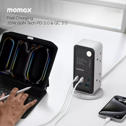 MOMAX - 1-Charge Work Flow - 6-Outlet GaN Power Tower 35W Extension Plug Socket Power Strip - 3x USB-C & 2x USB - White