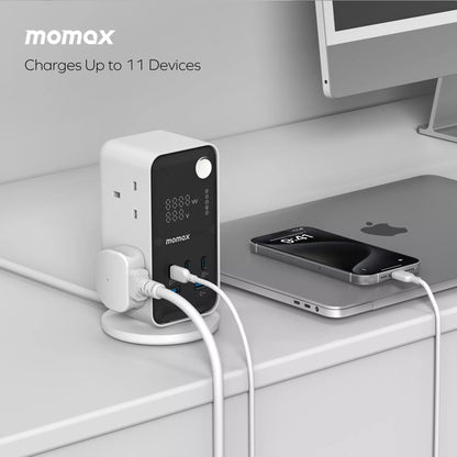 MOMAX - 1-Charge Work Flow - 6-Outlet GaN Power Tower 35W Extension Plug Socket Power Strip - 3x USB-C & 2x USB - White
