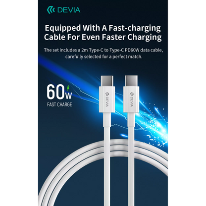 Devia - 65W GaN USB-C PD & QC4.0 3-Pin UK Mini Charging Plug & 1.5m 100W USB-C to USB-C Cable - White