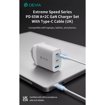 Devia - 65W GaN USB-C PD & QC4.0 3-Pin UK Mini Charging Plug & 1.5m 100W USB-C to USB-C Cable - White